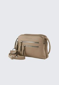 Borsa a tracolla in pelle marrone chiaro con due scomparti con zip, superficie testurizzata, tracolla regolabile e ulteriore taschino frontale.