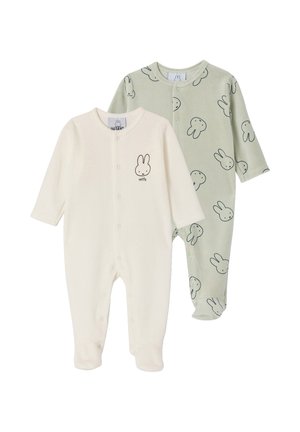 Two long-sleeve baby onesies with snap buttons, one cream with a single bunny face and "miffy" text, one light green with all-over bunny face prints.