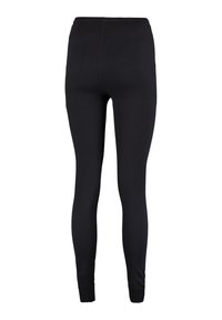 Zwarte legging met een gladde textuur. Strak ontwerp met een elastische tailleband en taps toelopende benen. Geen zichtbare patronen of accenten.