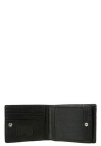 Portafoglio in pelle nera con più slot per carte, una tasca per monete e una finestra per ID in rete. Design pulito con chiusura a bottone a pressione.