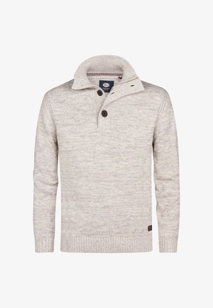 Béžový pletený svetr s vysokým límcem, s knoflíkovou légou se dvěma tmavými knoflíky a žebrovanými manžetami a lemem.