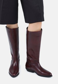 Bottes en cuir marron montant jusqu'au genou, au design élégant, à bout pointu et à talon bas. Texture lisse avec un minimum de couture.