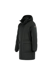 Zwarte, gewatteerde winterjas tot de knie met capuchon, voorzijde met ritssluiting en drukknoopjes, en meerdere buitenzakken, weergegeven op een witte achtergrond.