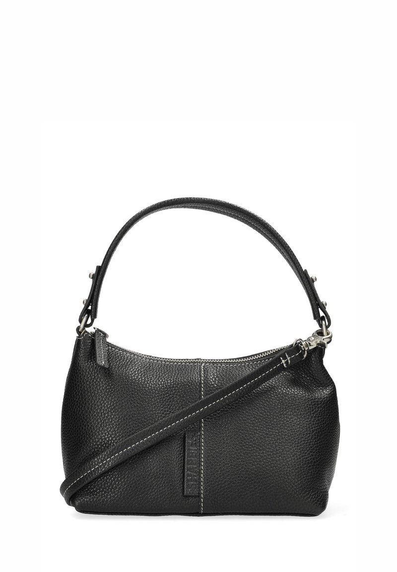 Borsa a tracolla in pelle nera con texture, dotata di una parte superiore curva, manico corto e tracolla removibile. Presenta un'etichetta del marchio discreta e dettagli in argento.