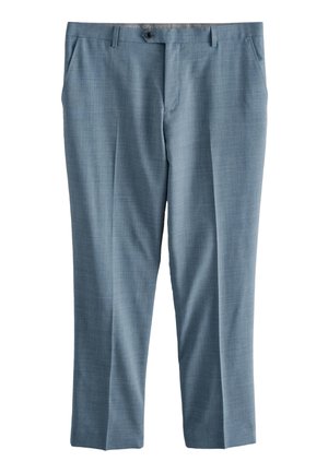 Pantaloni de costum bleu deschis, croiți, cu pliuri frontale, buzunare laterale, bucle pentru curea și închidere cu un singur nasture în talie.