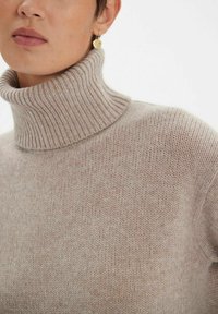 Pull à col roulé en maille beige clair avec un col côtelé et une texture douce, présentant une coupe décontractée et peu de détails de design.