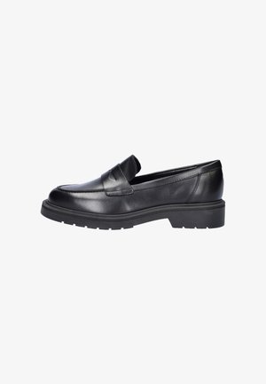 Black leather loafer with low chunky sole and penny strap detail, shown in side profile on a white background.