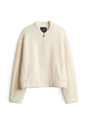 Cremefarbener, strukturierter Fleece-Jacke mit geripptem Kragen, Frontreißverschluss und Seitentaschen; lockere Passform mit cropped Design.