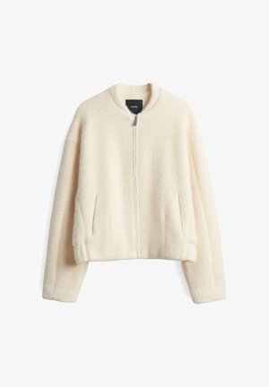Cremefarbener, strukturierter Fleece-Jacke mit geripptem Kragen, Frontreißverschluss und Seitentaschen; lockere Passform mit cropped Design.