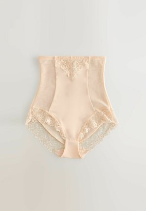 Augstās vidukļa beigu krāsas apakšbikses ar ziedu mežģīņu apdari vidukļa un kāju apakšmalās, gluda auduma ar mīkstu tekstūru, bez redzamām detaļām.