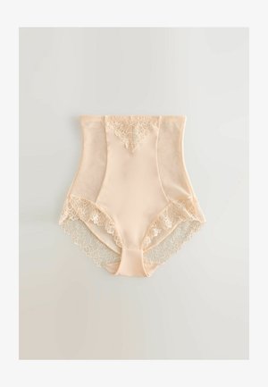 Visoke bež spodnje hlačke z cvetličnim čipkastim robom na pasu in odprtinah za noge, gladka tkanina z mehko teksturo, brez vidne kovine.