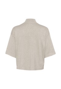 Haut court à manches courtes en tissu gris clair avec un col montant et une texture douce, présentant un ourlet droit et une coupe ample.