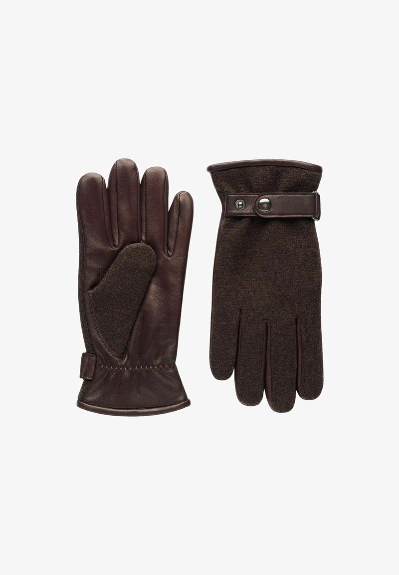Bruna läderhandskar med en överdel i ullblandning. Har en tätt sittande mudd och en dekorativ tryckknapp som accent. Strukturerad yta på ullen.