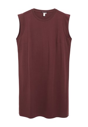 Robe sans manches, longueur genou, en bordeaux foncé uni avec encolure ronde et détails subtils de coutures sur la poitrine.