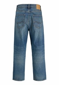 Blaue Jeans aus Denim mit lockerem Schnitt, mittelhoher Taille, zwei Gesäßtaschen und einem Leder-Brandpatch am Bund.