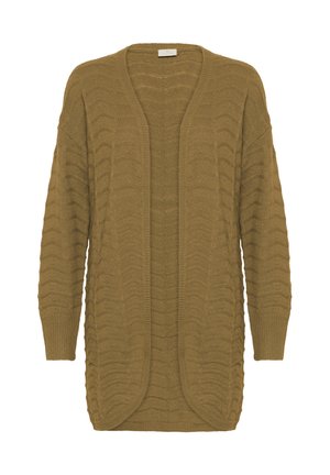 Long, open-front, brown knit cardigan with textured zigzag pattern and ribbed cuffs on full-length sleeves.
