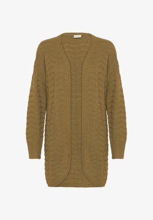 Long cardigan en tricot brun à ouverture sur le devant, avec un motif zigzag texturé et des poignets côtelés sur des manches longues.