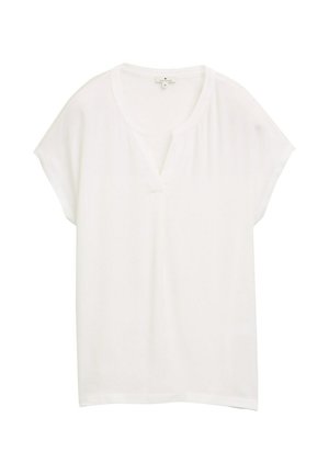 Weißes Kurzarmoberteil mit V-Ausschnitt und lässiger Passform. Hergestellt aus leichtem Material, hat es einen dezenten Glanz und eine glatte Textur.
