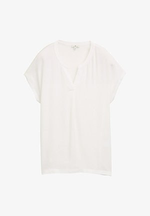 Weißes Kurzarmoberteil mit V-Ausschnitt und lässiger Passform. Hergestellt aus leichtem Material, hat es einen dezenten Glanz und eine glatte Textur.