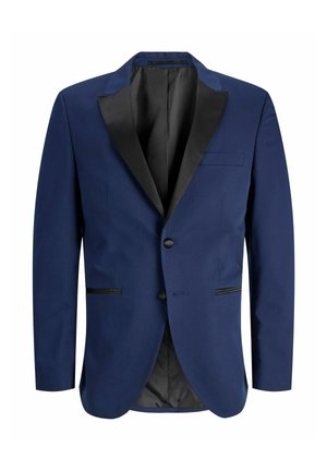 Veste de smoking bleu marine pour homme avec revers crantés en satin noir, deux boutons noirs et poches avant, présentée sur fond blanc.