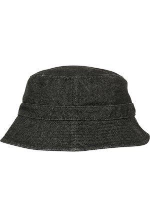Sort denim bucket hat med en rund krone og bred, skrånedad skygge. Har to vandrette sømme rundt om kronen.
