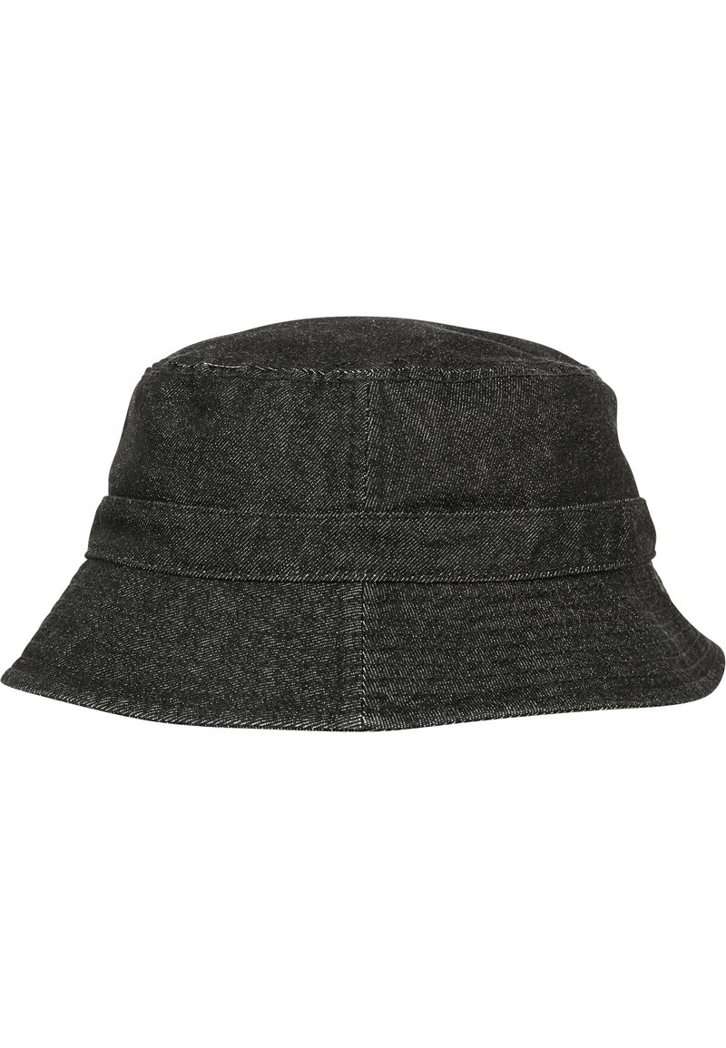 Sort denim bucket hat med en rund krone og bred, skrånedad skygge. Har to vandrette sømme rundt om kronen.