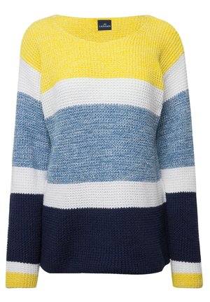 Maglione lavorato a maglia con righe orizzontali in giallo, bianco, azzurro, blu navy e una finitura testurizzata. Collo ampio e vestibilità comoda.