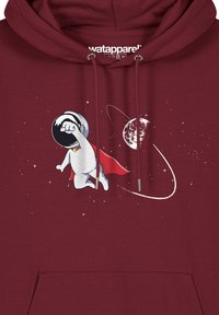 Hoodie bordeaux avec un personnage de dessin animé portant un casque spatial et une cape, entouré d'étoiles et d'un graphique de planète. Matériau en coton.