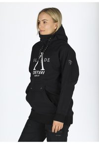 Black hooded sweatshirt with a high collar, drawstring, and front pocket. Features a bold white graphic design and textured fabric.