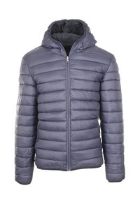 Giacca imbottita trapuntata blu navy con cappuccio, zip frontale e tasche laterali con zip, esposta su uno sfondo bianco.