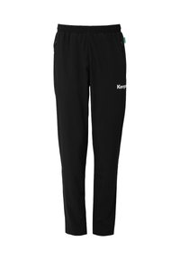 Schwarze Sporthosen aus leichtem Material mit einem elastischen Bund, Seitentaschen und einem weißen "Kemp"-Logo auf der Vorderseite.