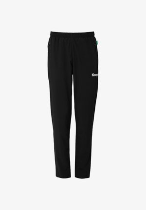 Zwarte sportbroek van lichtgewicht stof, met een elastische tailleband, zijzakken en een wit 'Kemp' logo aan de voorkant.