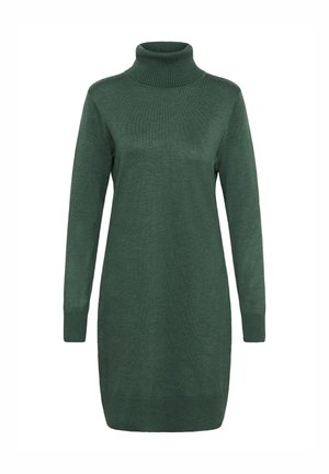 Grünes, geripptes Rollkragenkleid aus weichem Strickstoff, mit langen Ärmeln und einem lockeren Schnitt, mit einem leicht abgerundeten Saum.