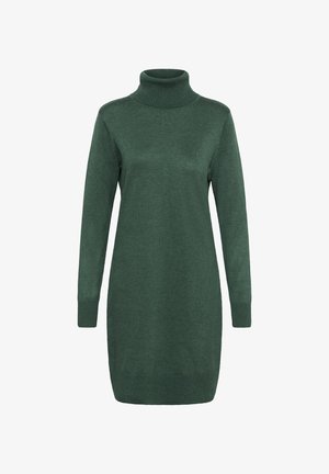 Abito a collo alto verde con righe, realizzato in morbido tessuto a maglia, presenta maniche lunghe e una vestibilità comoda, con un orlo leggermente curvo.