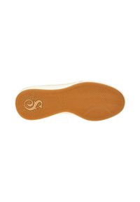 Weiße Sneaker-Sohle aus strukturiertem Gummi mit Fischgrätmuster und einem kreisförmigen Logo. Helle beige Akzente entlang der Kante.
