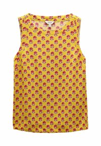 Varratu küljeteta rainiga kollane topp, kus on lillemuster roosa ja lilla v�ärviga. Valmistatud pehmest kangast, ümmarguse dekoltee ja vabalt langeva lõikega.