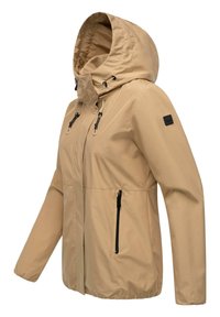 Beige vattentät jacka med huva, justerbara dragsnören, frampocket med dragkedja och svarta detaljer. Slätt, lätt material.