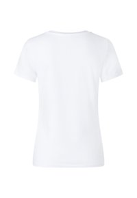 Weißes Baumwoll-T-Shirt mit kurzen Ärmeln und Rundhalsausschnitt. Glatte Textur, schlichtes Design, keine Muster oder Verzierungen. Rückansicht.