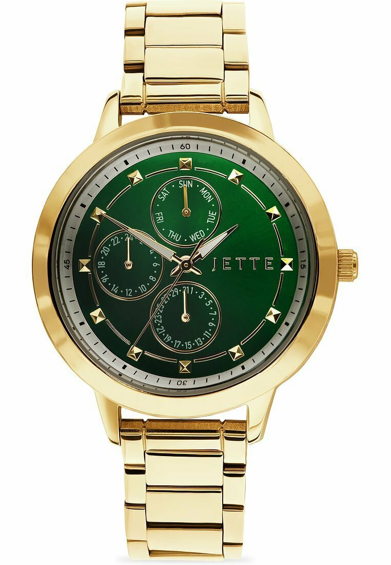 Goldfarbene Uhr mit einem runden grünen Ziffernblatt, das Tag, Datum und Uhrzeit anzeigt. Mit goldenen Akzenten und einem metallischen Armband ausgestattet.