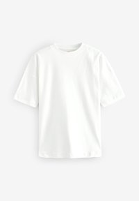 Weißes Baumwoll-T-Shirt mit Rundhalsausschnitt, kurzen Ärmeln und lockerer Passform. Glatte Textur, keine Muster oder Akzente.