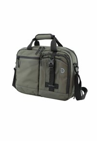 Grau gepolsterte Laptoptasche mit zwei Reißverschluss-Fronttaschen, schwarzen Akzenten, doppelten Griffen und einem verstellbaren Schultergurt.
