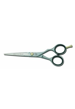 Professionelle Friseurschere aus Edelstahl mit schwarzen Fingerschlaufen und goldfarbenem Schrauben- und Fingerhalter, beschriftet mit "PRESTYLE RELAX".
