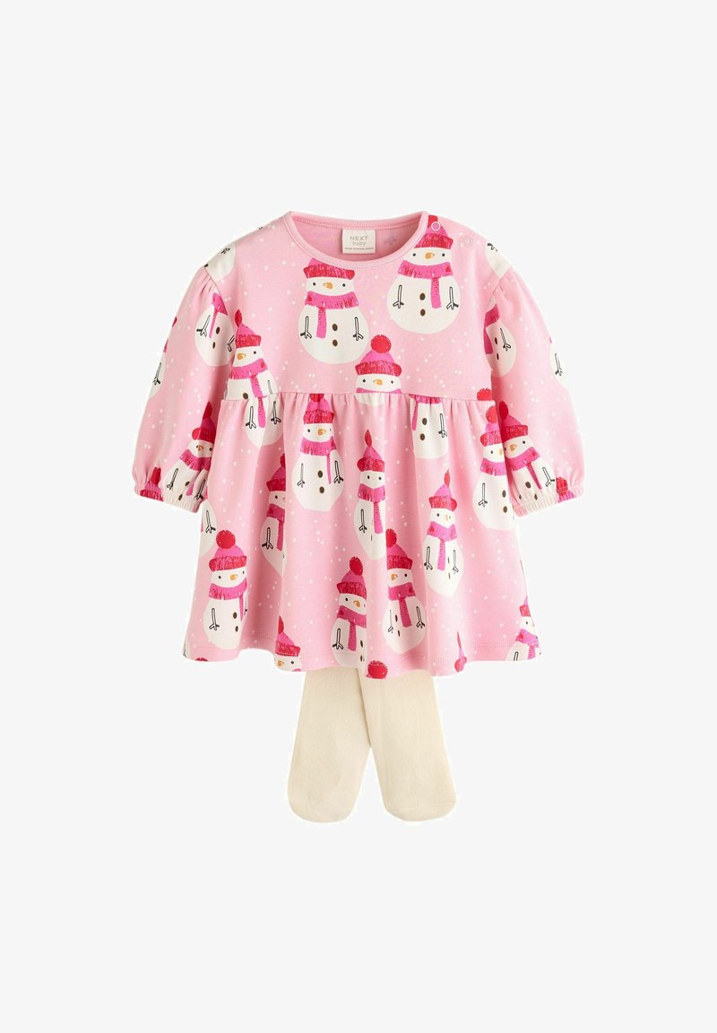 Abito lungo a maniche con stampa di pupazzo di neve, di colore rosa, caratterizzato da una vita arricciata e un colletto rotondo. Include collant abbinati di colore crema.