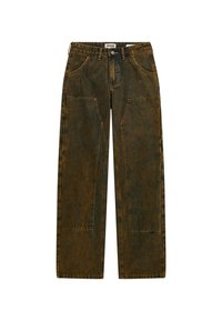 Donkerbruine denimbroek met een relaxte pasvorm, voorzien van grote opgestikte zakken en zichtbare stiksels aan de zijkanten. Klassiek vijf-pocket ontwerp.