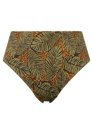 High-waisted bikini bottom featuring a leafy pattern in green and orange on a brown background, made of stretchy fabric.