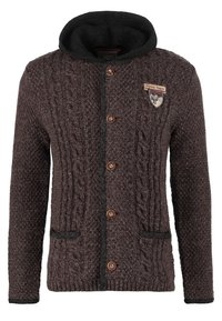Cardigan à capuche marron en tricot avec motifs torsadés, boutons en bois, deux poches, et un écusson "Alpine Team" sur la poitrine gauche.