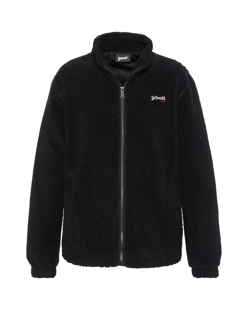 Sort zip-up fleecejakke med høj krave og lille hvid "Schott NYC"-logo på venstre bryst.