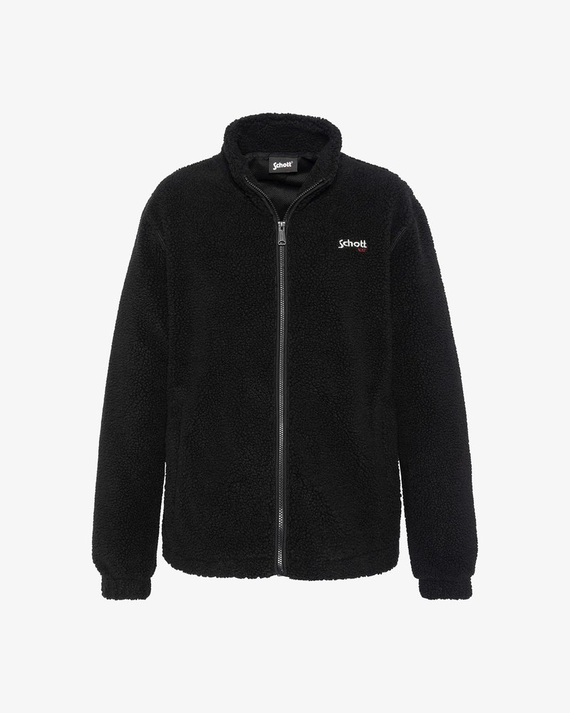 Sort zip-up fleecejakke med høj krave og lille hvid "Schott NYC"-logo på venstre bryst.