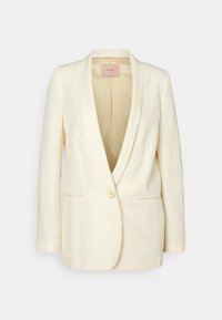 Beige bleiseri syvällä V-kaula-aukolla, yksittäisellä napp closurella ja kahdella etutaskulla. Kangas on sileä ja mukautettu istuvuus.