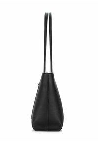 Czarna skórzana torba tote o gładkiej fakturze, z długimi, płaskimi uchwytami i trójkątnym kształtem. Minimalistyczny design bez widocznych elementów metalowych.